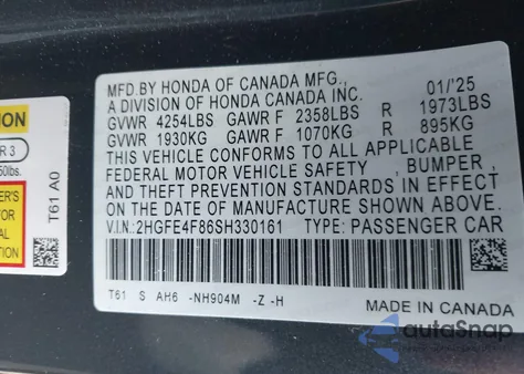 2025 Honda Civic Hybrid Sport/Sport Touring из США, поврежденный, VIN 2HGFE4F86SH330161